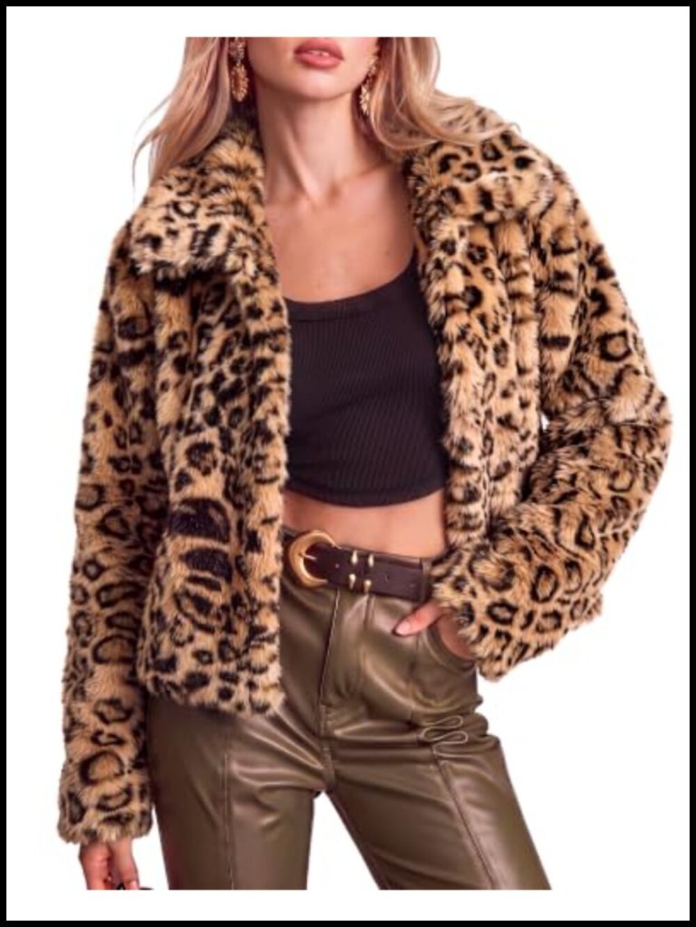 Faux Fur Leopard Print Jacket Snap Button Cropped